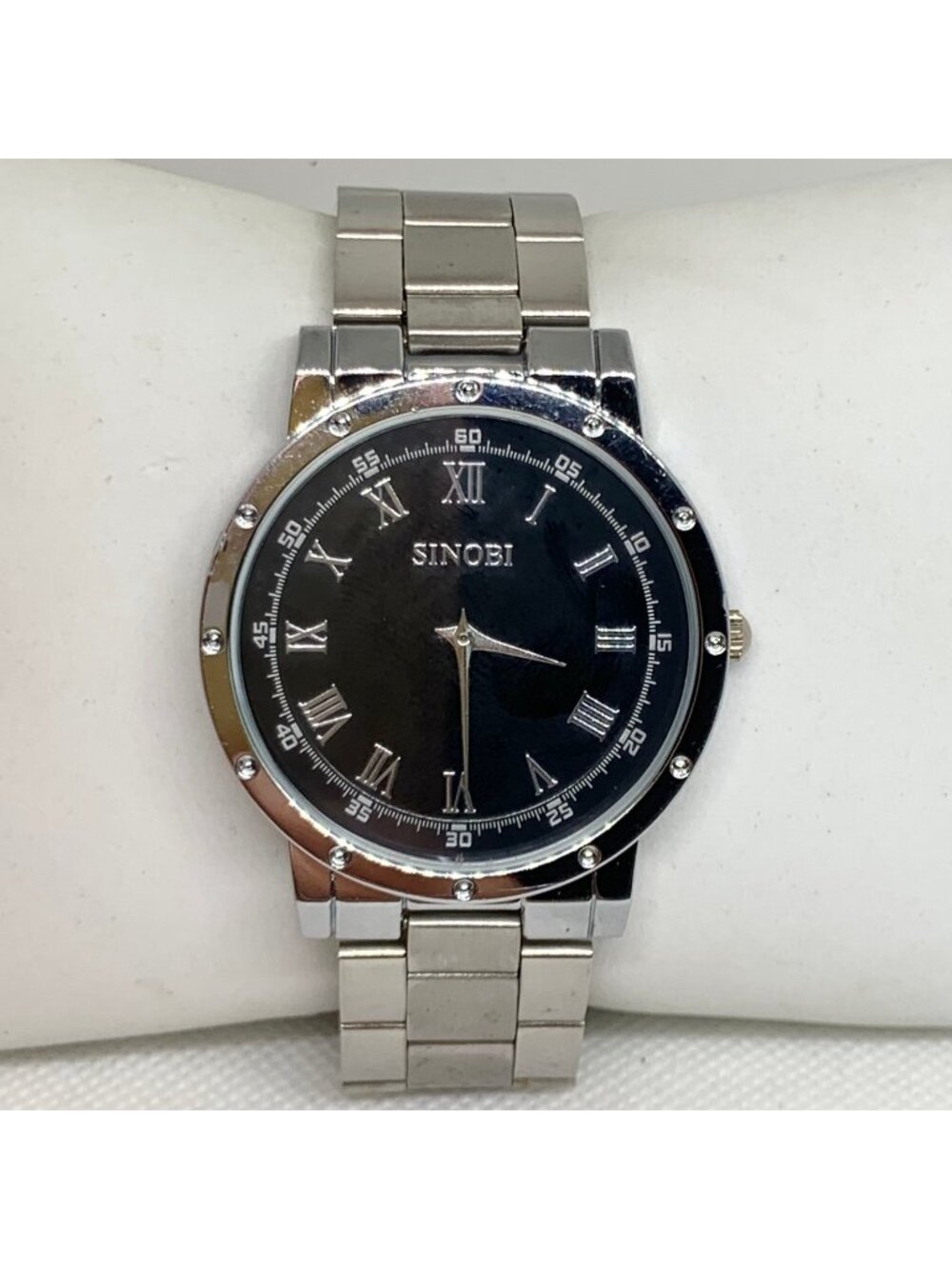 Sinobi men watch 40mm silver tone black dial Roman indices quartz 7.5” running